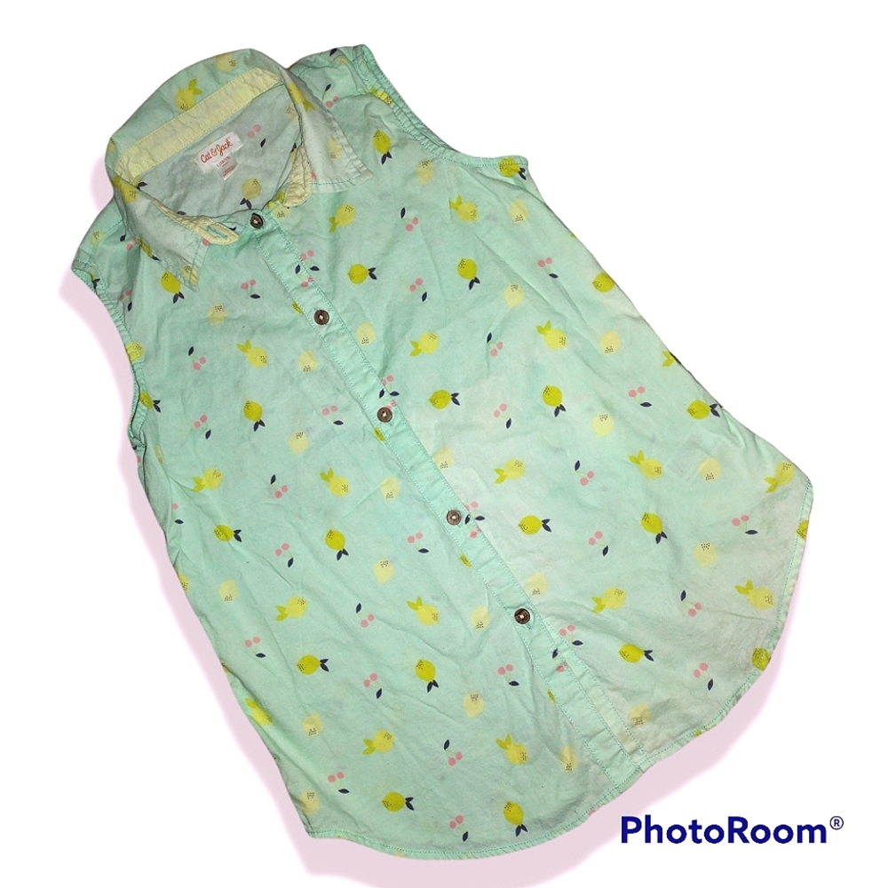 Cat and jack blouse girls mint green sleeveless button down lime design size L